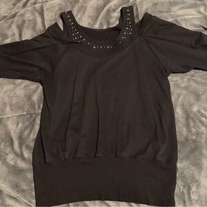 Y2K Women's Black Studded Cold Shoulder Top